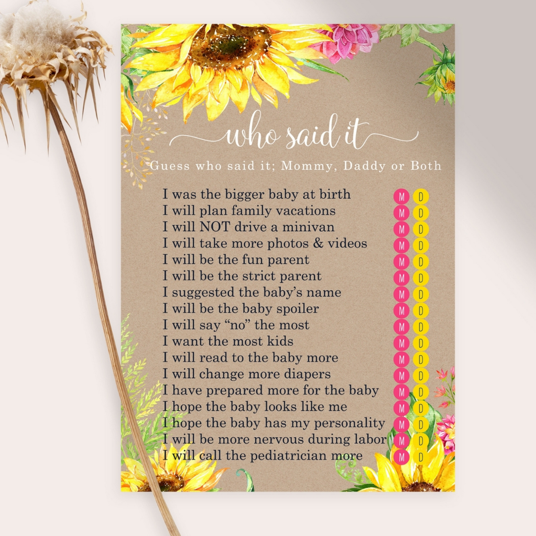 Sunflower Mommy or Daddy Baby Shower Game 25 Guest Pack - Paper Clever Party