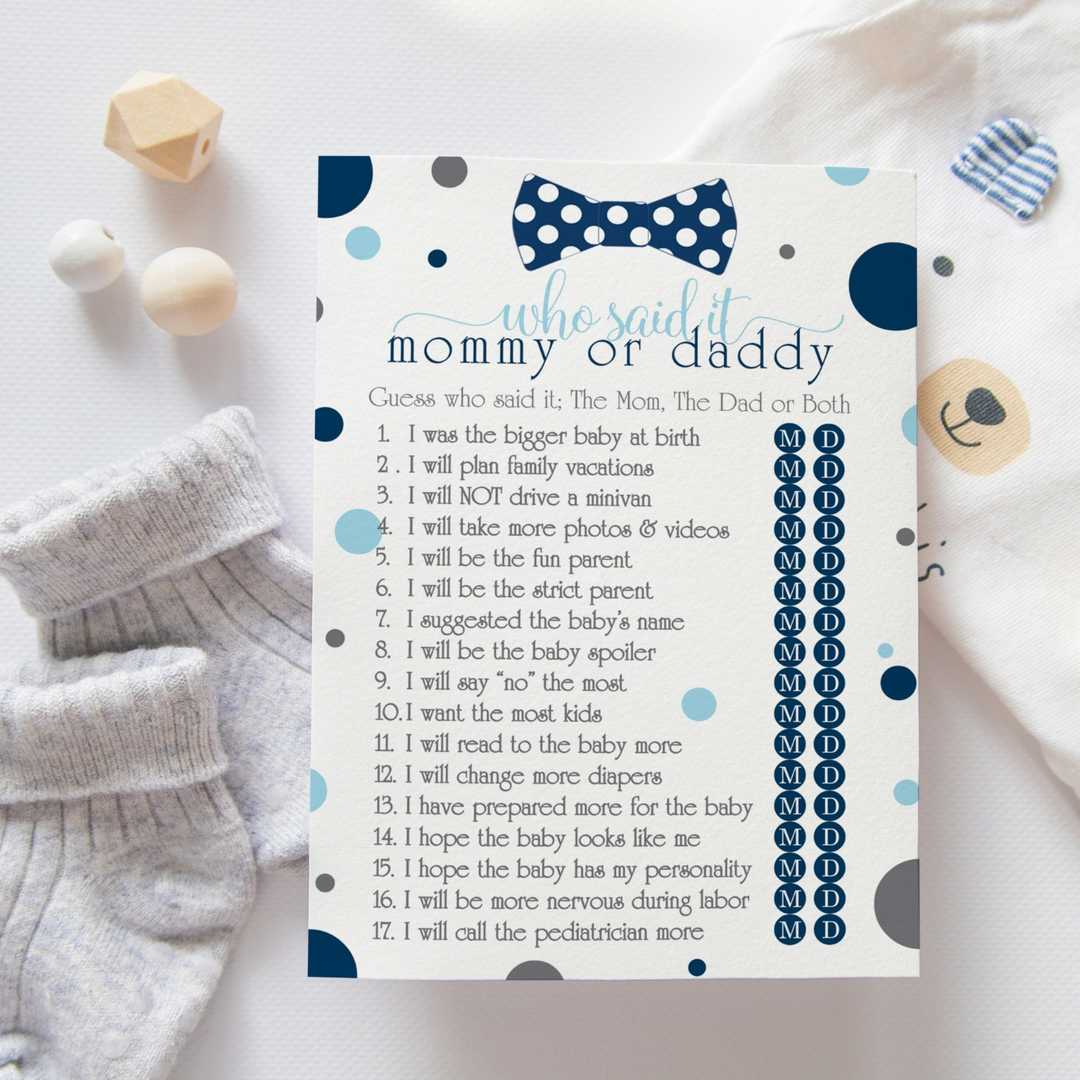 Bow Tie Mommy or Daddy Baby Shower Game 25 Guest Pack - Paper Clever Party