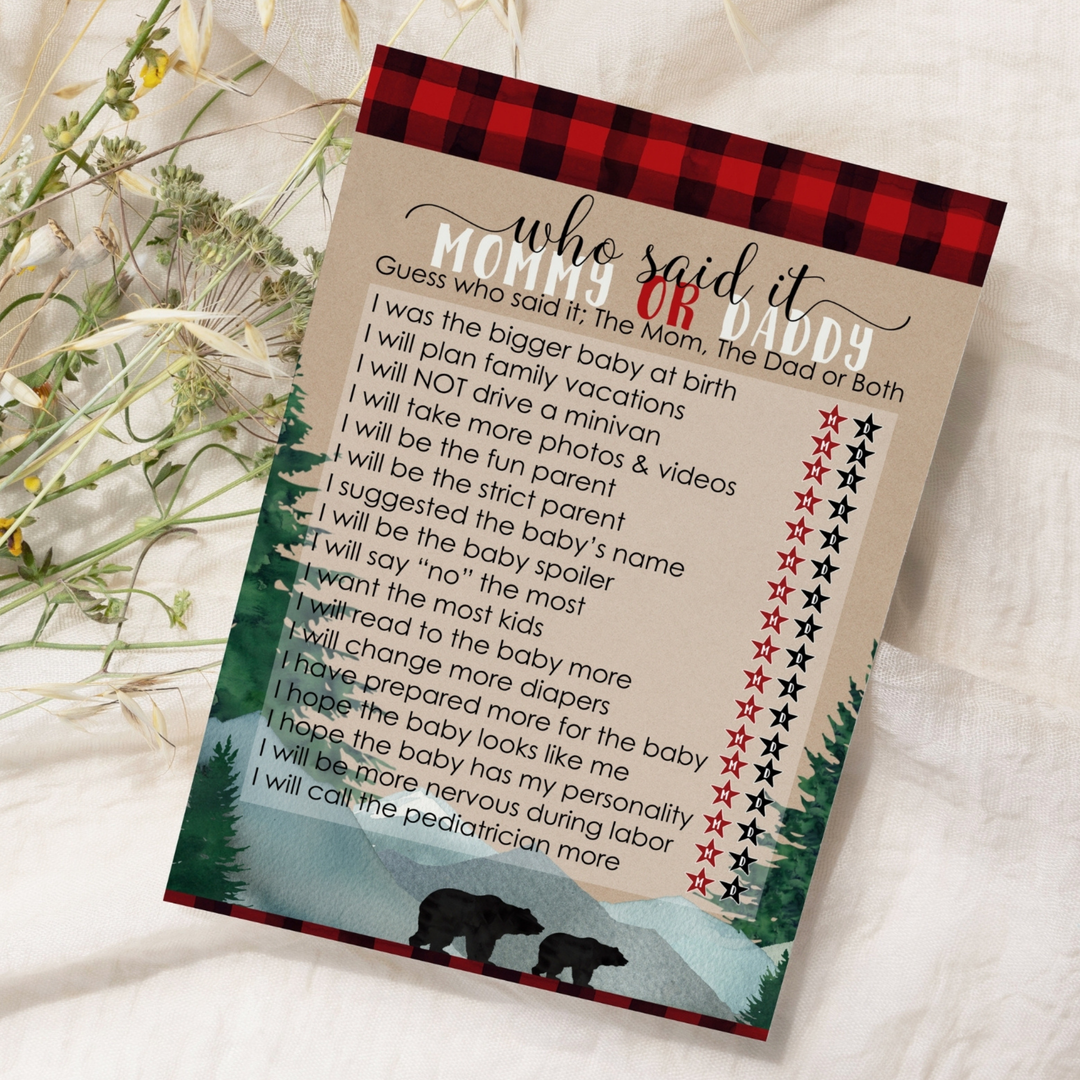 Lumberjack Mommy or Daddy Baby Shower Game 25 Guest Pack - Paper Clever Party