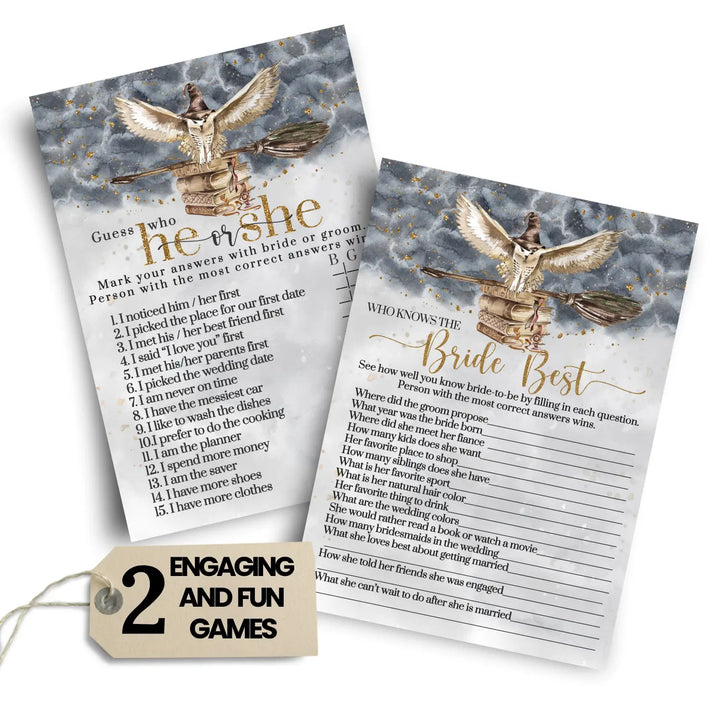 Magic Owl Bridal Shower Games – Bundle Includes He Said or She Said & Who Knows the Bride Best Wedding Shower Game Engagement Party, Rehearsal Dinner, Black and Gold Design, 25 Double-Sided Card