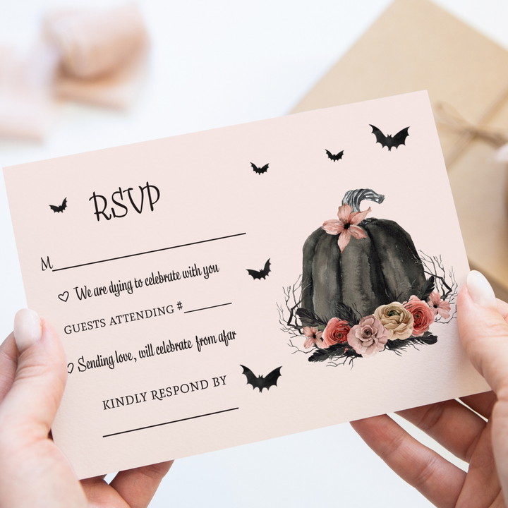 Halloween RSVP Cards - Spooky Chic Gothic Pink & Black Pumpkin Design with Spiders and Floral - Set of 25 - Paper Clever Party