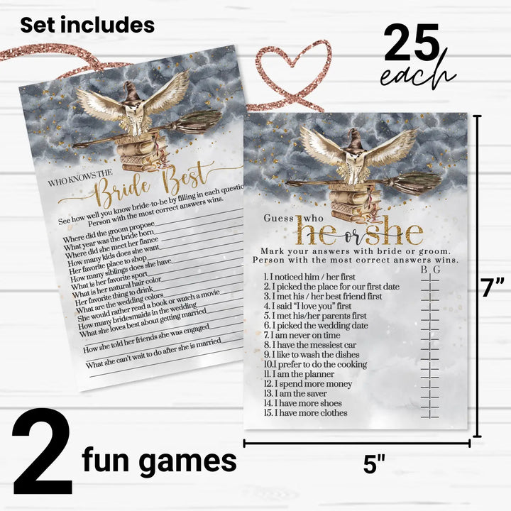 Magic Owl Bridal Shower Games – Bundle Includes He Said or She Said & Who Knows the Bride Best Wedding Shower Game Engagement Party, Rehearsal Dinner, Black and Gold Design, 25 Double-Sided Card