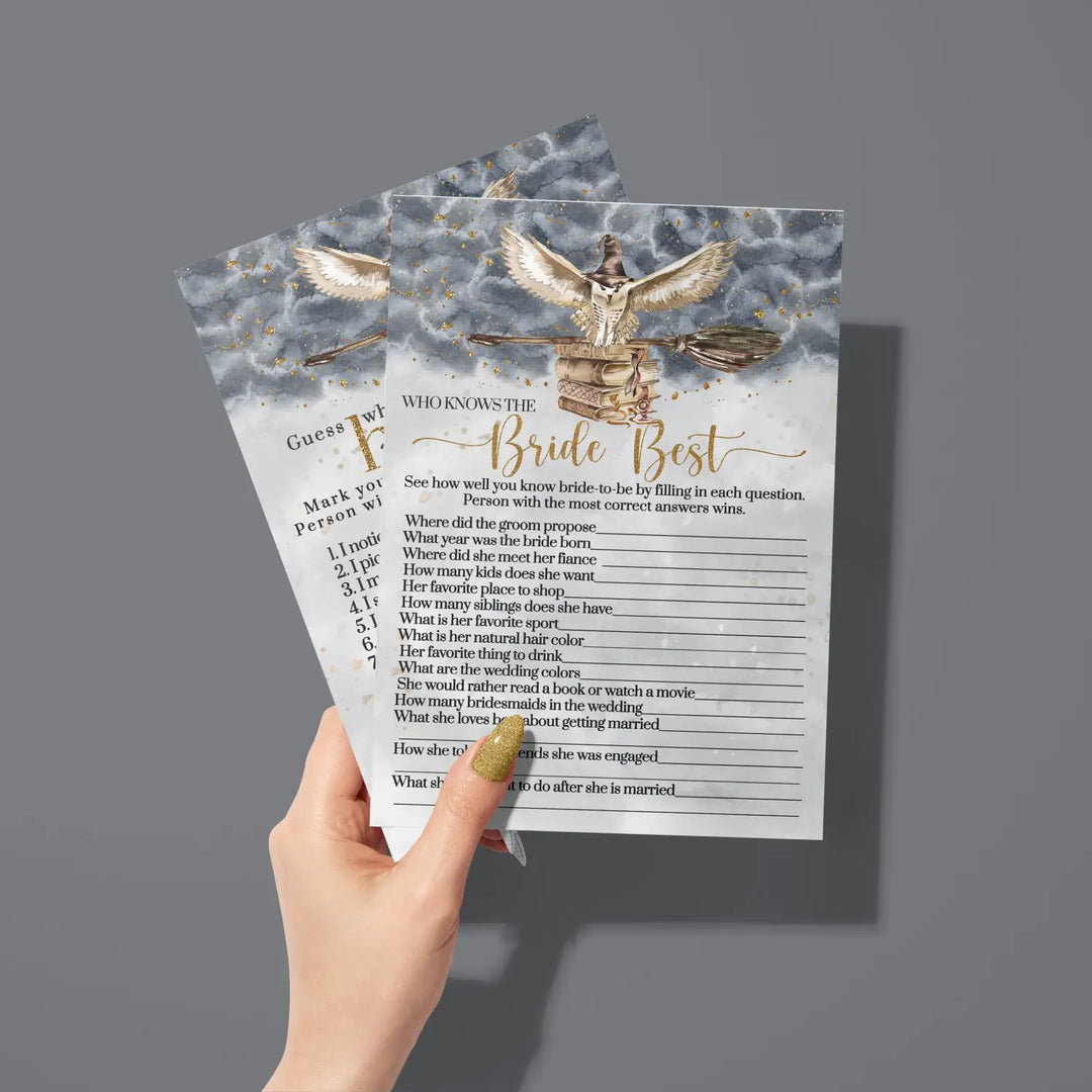 Magic Owl Bridal Shower Games – Bundle Includes He Said or She Said & Who Knows the Bride Best Wedding Shower Game Engagement Party, Rehearsal Dinner, Black and Gold Design, 25 Double-Sided Card