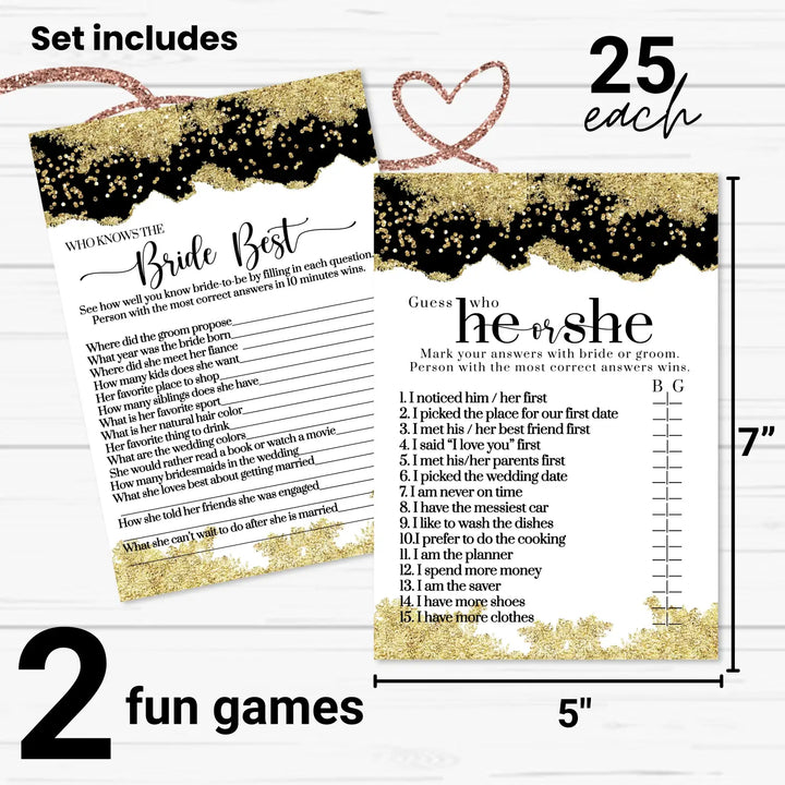 Black and Gold Bridal Shower Games - He Said or She Said & Who Knows the Bride Best Wedding Shower Game - Ideas for Engagement Party, Rehearsal Dinner, Boho Floral Design, 25 Double-Sided Card Bundle