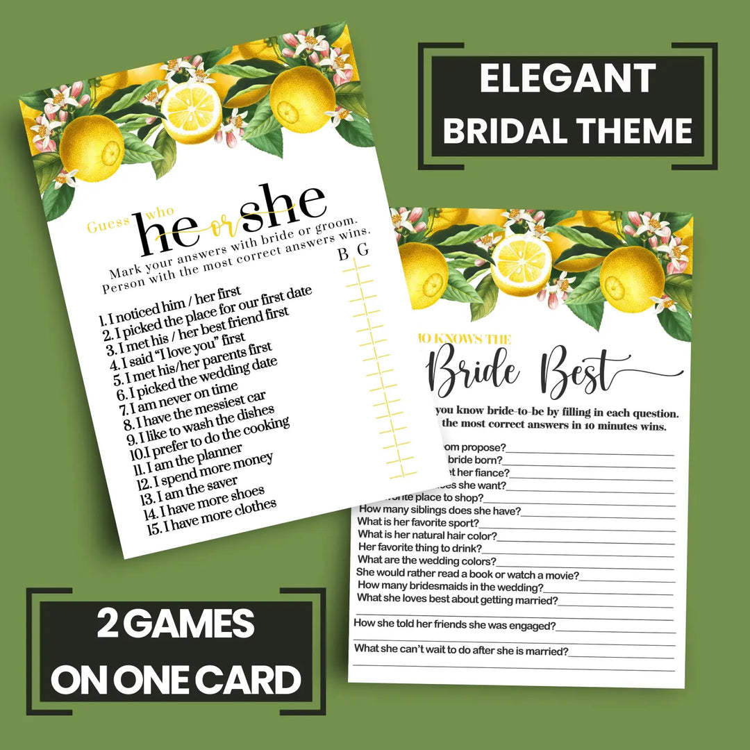 Lemon Bridal Shower Games – Bundle Includes He Said or She Said & Who Knows the Bride Best Wedding Shower Game - Ideas for Engagement Party, Rehearsal Dinner, Main Squeeze Design, 25 Double-Sided Card