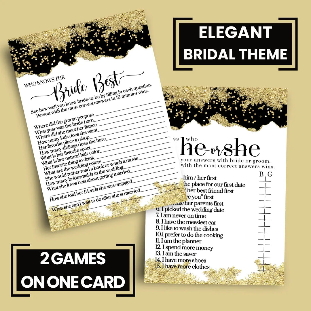 Black and Gold Bridal Shower Games - He Said or She Said & Who Knows the Bride Best Wedding Shower Game - Ideas for Engagement Party, Rehearsal Dinner, Boho Floral Design, 25 Double-Sided Card Bundle