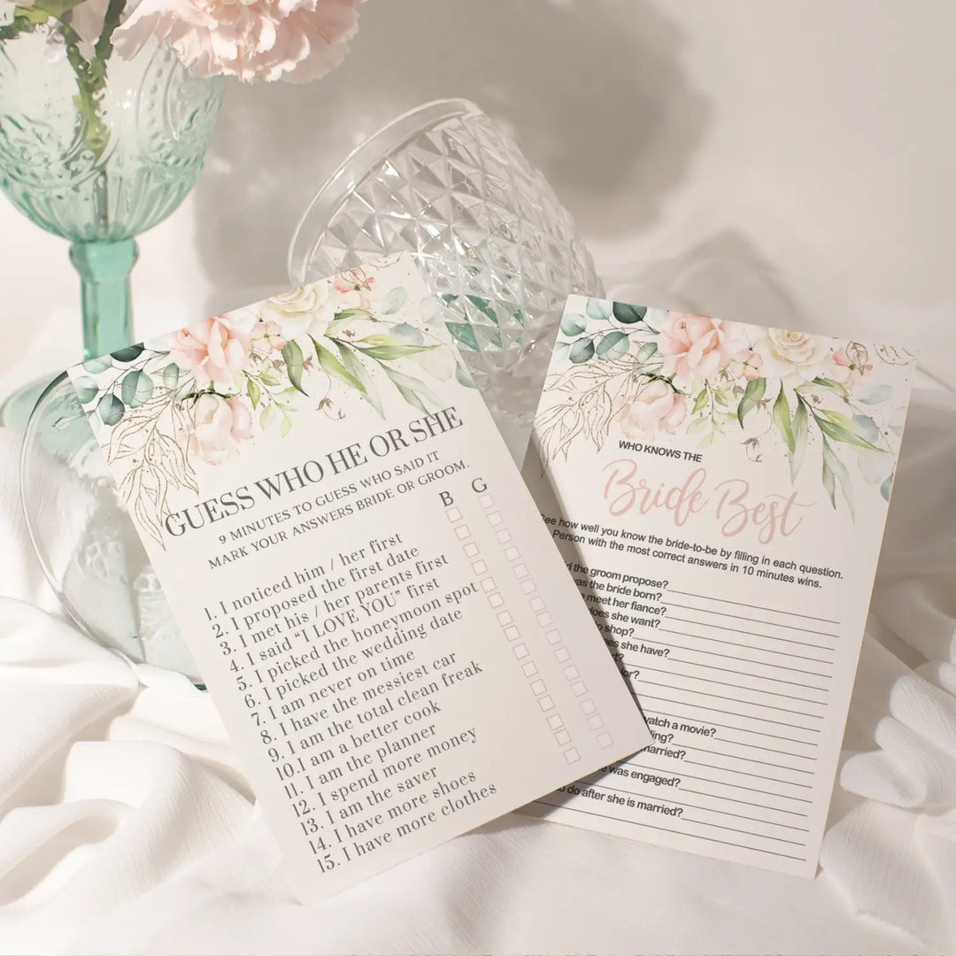 Blush Bloom Bridal Shower Games – He Said or She Said & Who Knows the Bride Best Bridal Shower Game - Wedding, Engagement Party, Rehearsal Dinner, Pink Gold Floral Design, 25 Double-Sided Card Bundle