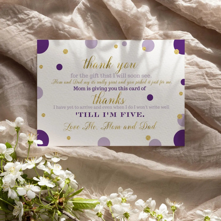 Purple and Gold Girls Baby Shower Thank You Cards - 15 Pack Elegant Notecards, 4x6