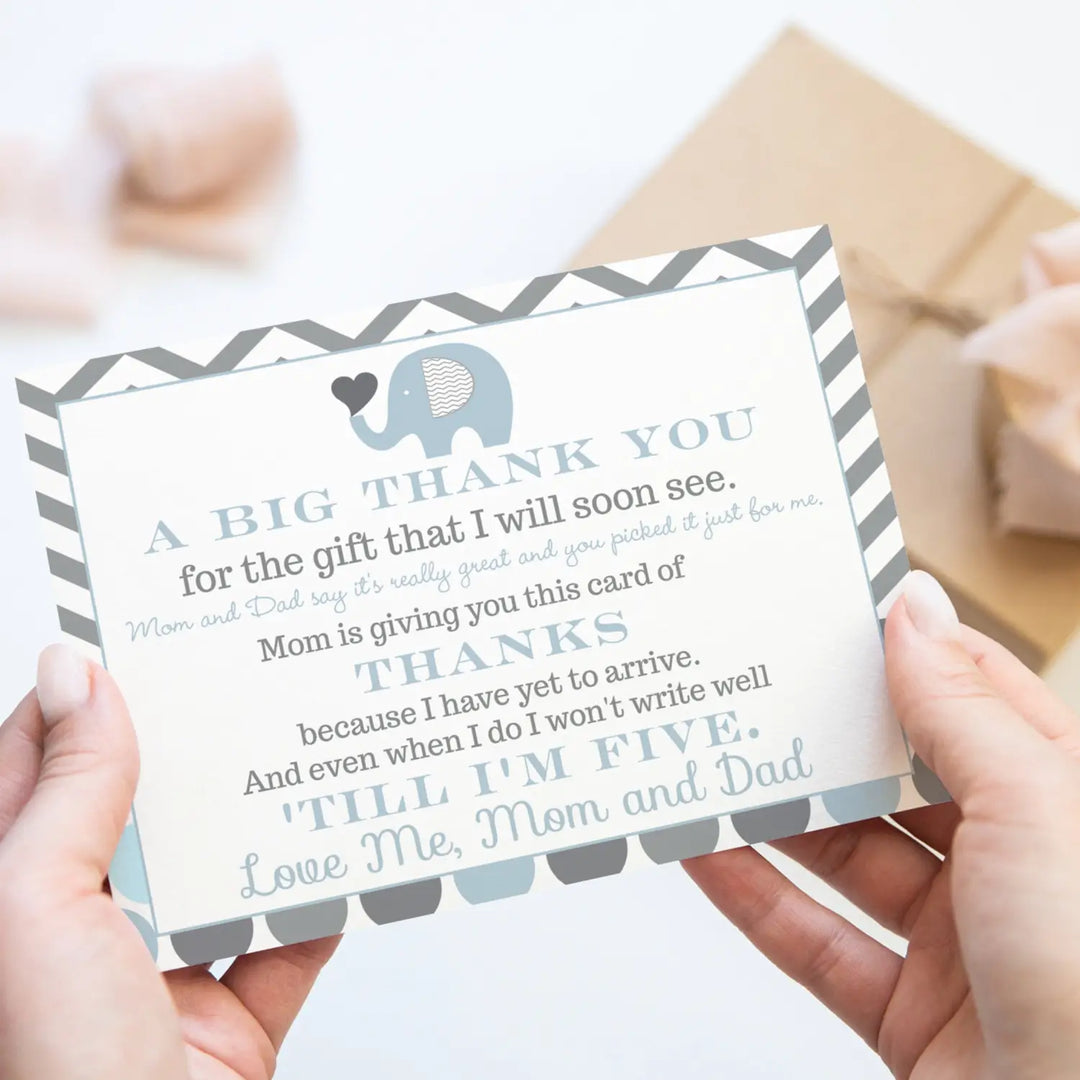 Blue Elephant Boys Baby Shower Thank You Cards - 15 Pack with Gray Envelopes, 4x6