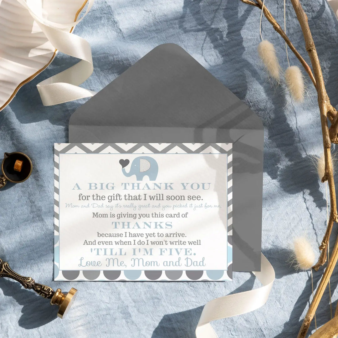 Blue Elephant Boys Baby Shower Thank You Cards - 15 Pack with Gray Envelopes, 4x6