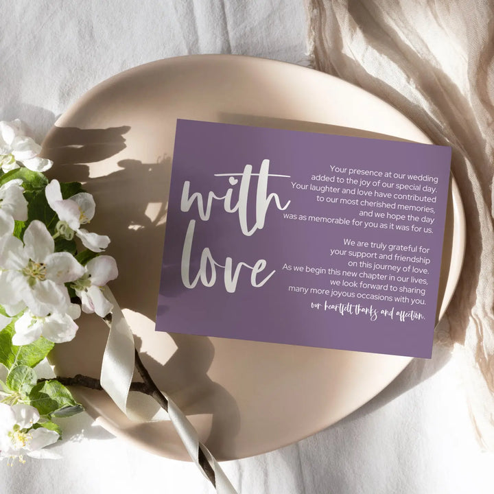 Everafter Plum Wedding Reception Thank You Cards (25 Pack) Modern Table Favors, Elegant Guest Seating Centerpieces, With Love and Gratitude from the Newlyweds, 4x6 Set