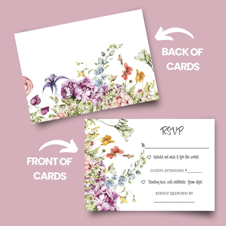 Wildflower Rustic Floral RSVP Cards - Wedding Response Set, 3.5x5, Envelopes Included, 25 Pack