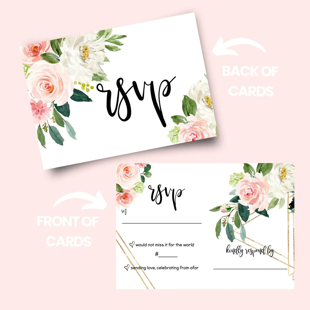 Graceful Greenery Pink Gold Floral RSVP Cards - Wedding Response Set, 3.5x5, Envelopes Included, 25 Pack