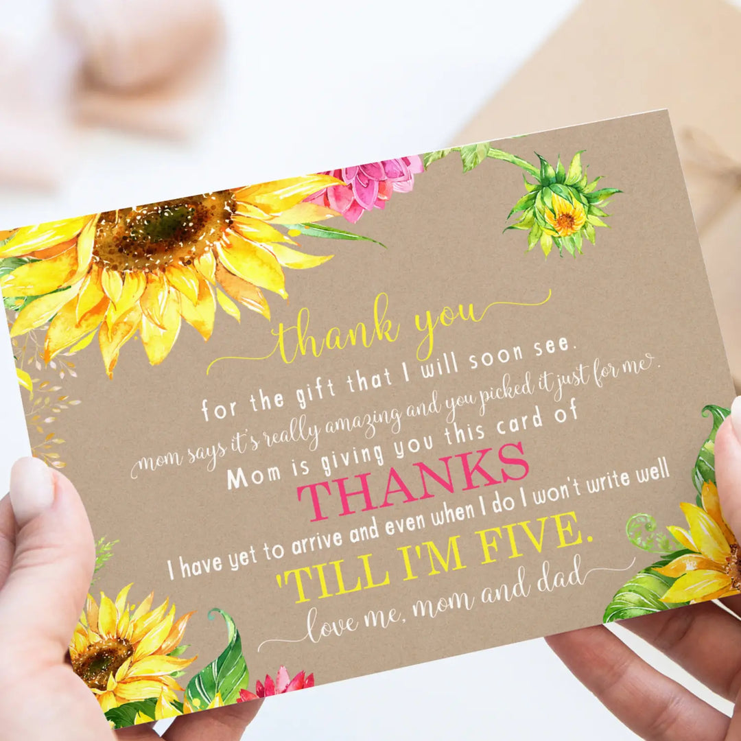 Sunflower Baby Shower Thank You Cards - Rustic Neutral (15 Pack) with Pink Envelopes, 4x6