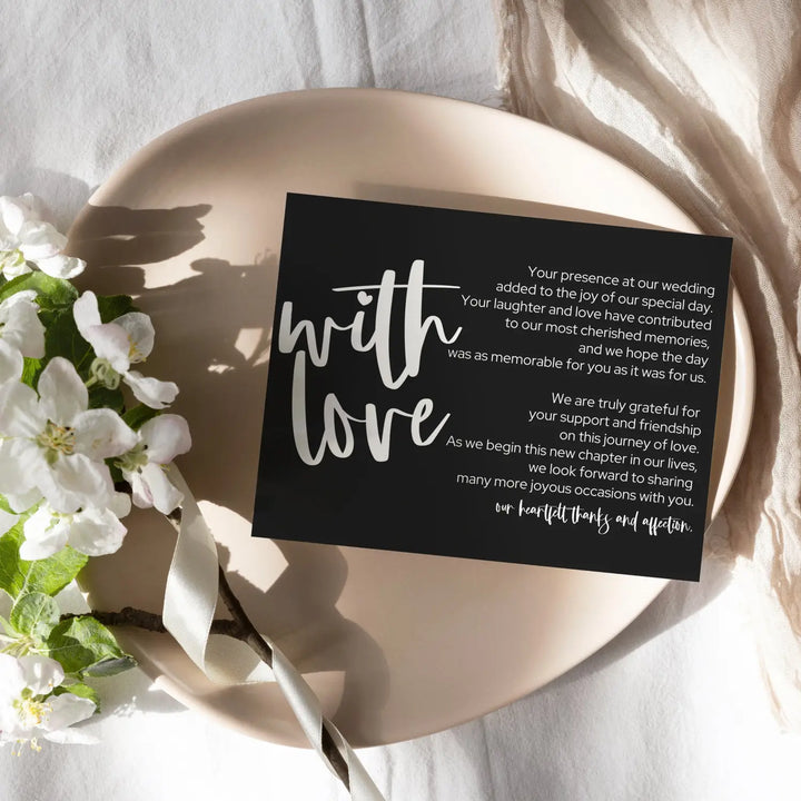 Modern Typography Wedding Thank You Cards for Guests (25 Pack) - Reception Table Favors or Bridal Centerpieces, Love & Gratitude, Elegant Black with White, 4x6 Set