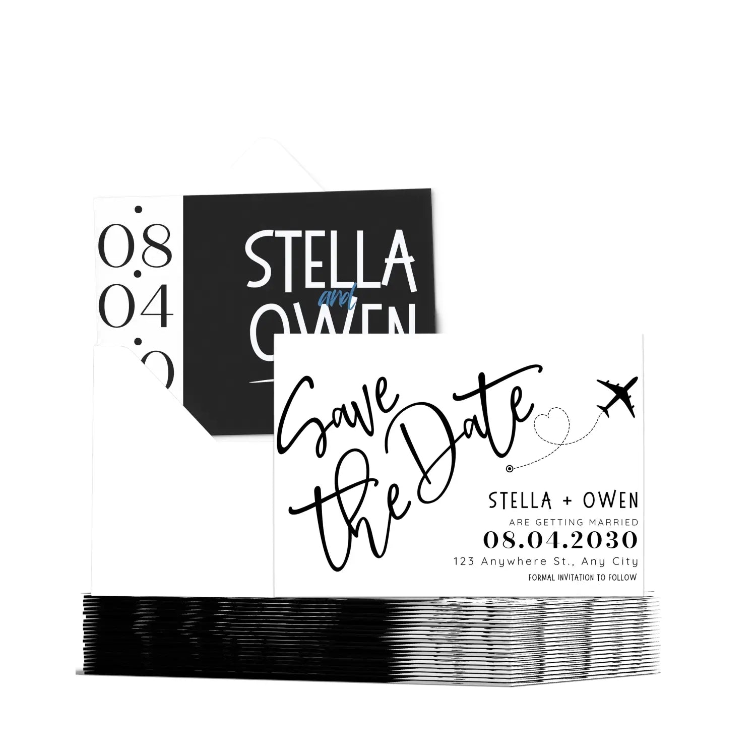 Custom white and black save the date cards - personalized 4x6 inch invitations with elegant typography envelopes