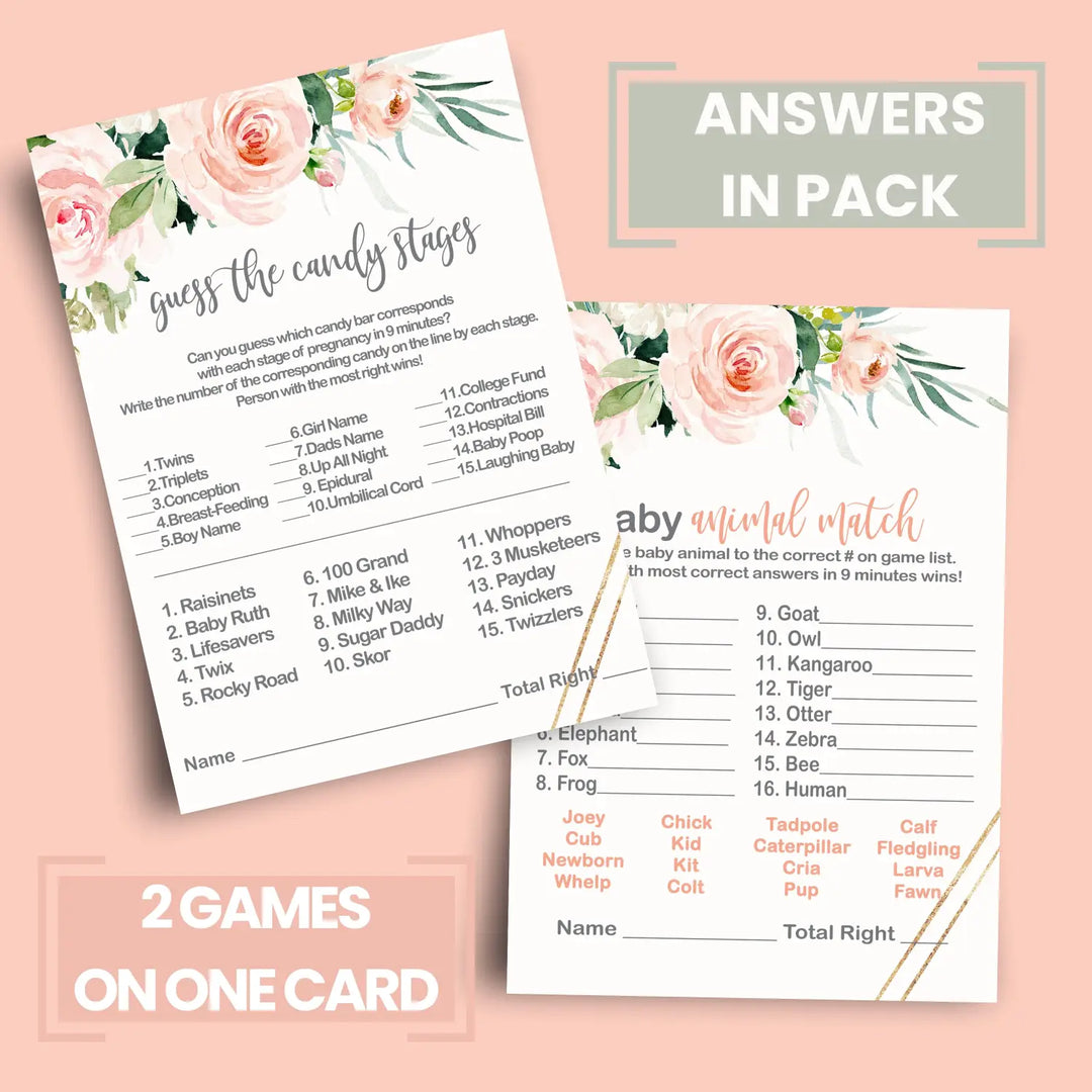 Graceful Baby Shower Game Set, Rustic Pink Floral Greenery, Animal Match and Candy Bar Guessing