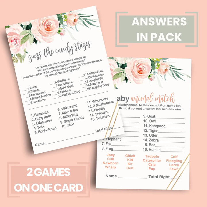 Graceful Baby Shower Game Set, Rustic Pink Floral Greenery, Animal Match and Candy Bar Guessing