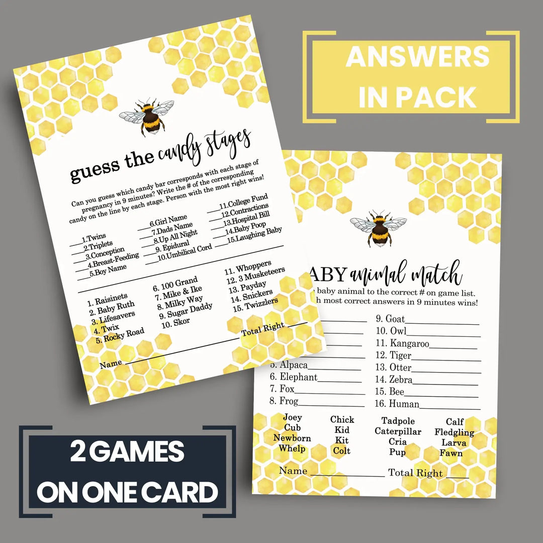 Mama Bee Baby Shower Game Set with Animal Match and Candy Bar Guessing, Yellow & Black, 5x7 Cards (25 ct)