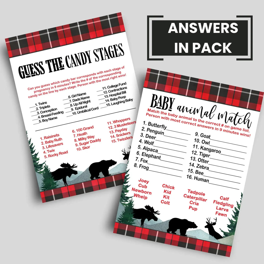 Log Cabin Laughs” - Lumberjack Baby Shower Game Set, 5x7 Double-Sided Cards (25 ct)