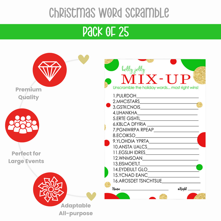 Christmas Word Scramble Game, Holiday Unscramble Party Activity for Adults, Groups, Office, Gold Red and Green, 25 Pack, 5x7 Cards - Paper Clever Party