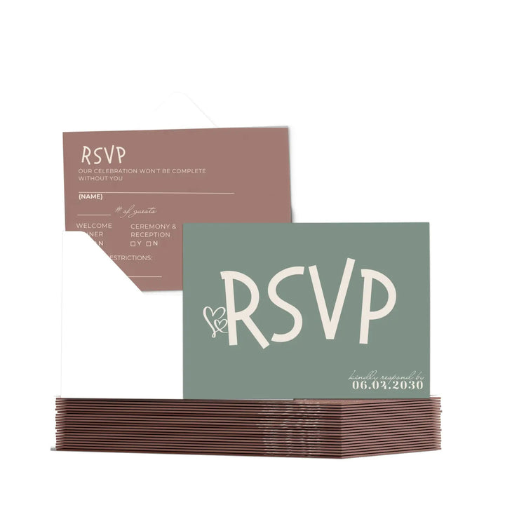 Custom Chocolate Cherry and Sage Green RSVP Cards - Premium 120lb Cardstock, Elegant Calligraphy, 4x6 Inch Size, Personalized Dates & Names