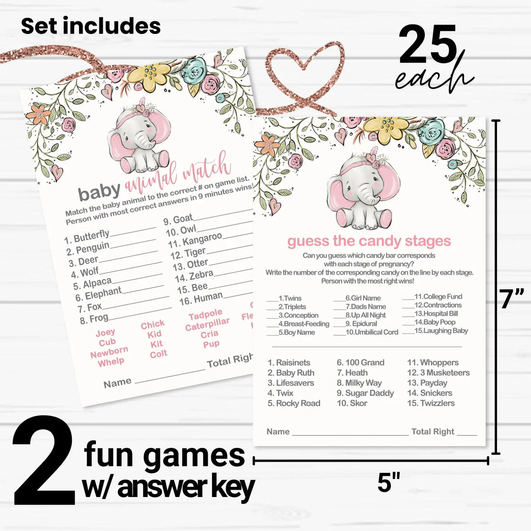 Cottage Elephant Baby Shower Game Set, Pink Floral, Animal Matching and Candy Bar Match