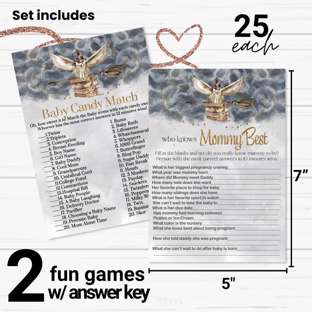 Magic Owl Baby Shower Game Set, Black & Gold Wizard Theme, Candy Bar and Mommy Best