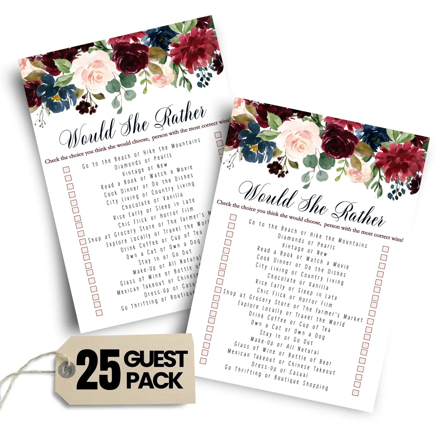 Blue floral bridal shower games – 25 cards - who knows bride best game would she rather wedding reception or birthday