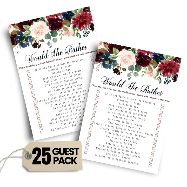 Blue Floral Bridal Shower Games – 25 Cards - Who Knows Bride Best Bridal Shower Game Would She Rather Wedding Reception or Birthday Girl Activity, Rustic Burgundy Designs, 5x7 Pack