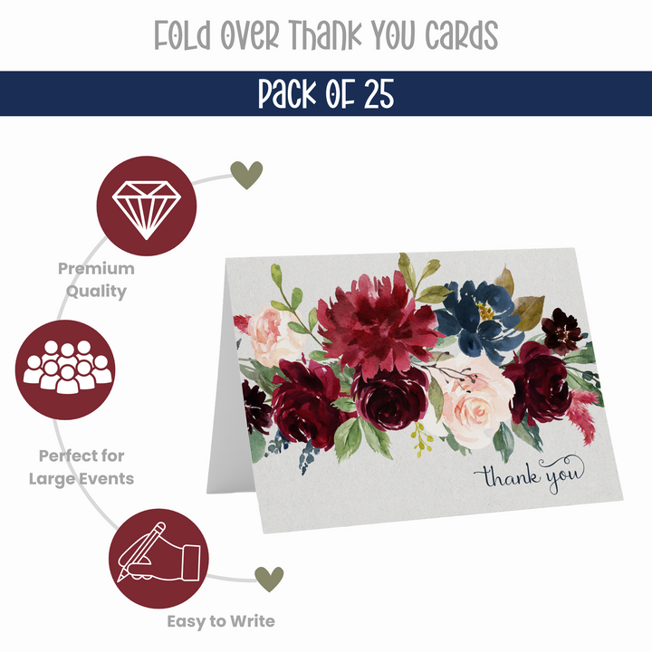 Indigo Floral Rustic Thank You Cards - 25-Pack Notecards with Envelopes for All Occasions - Paper Clever Party