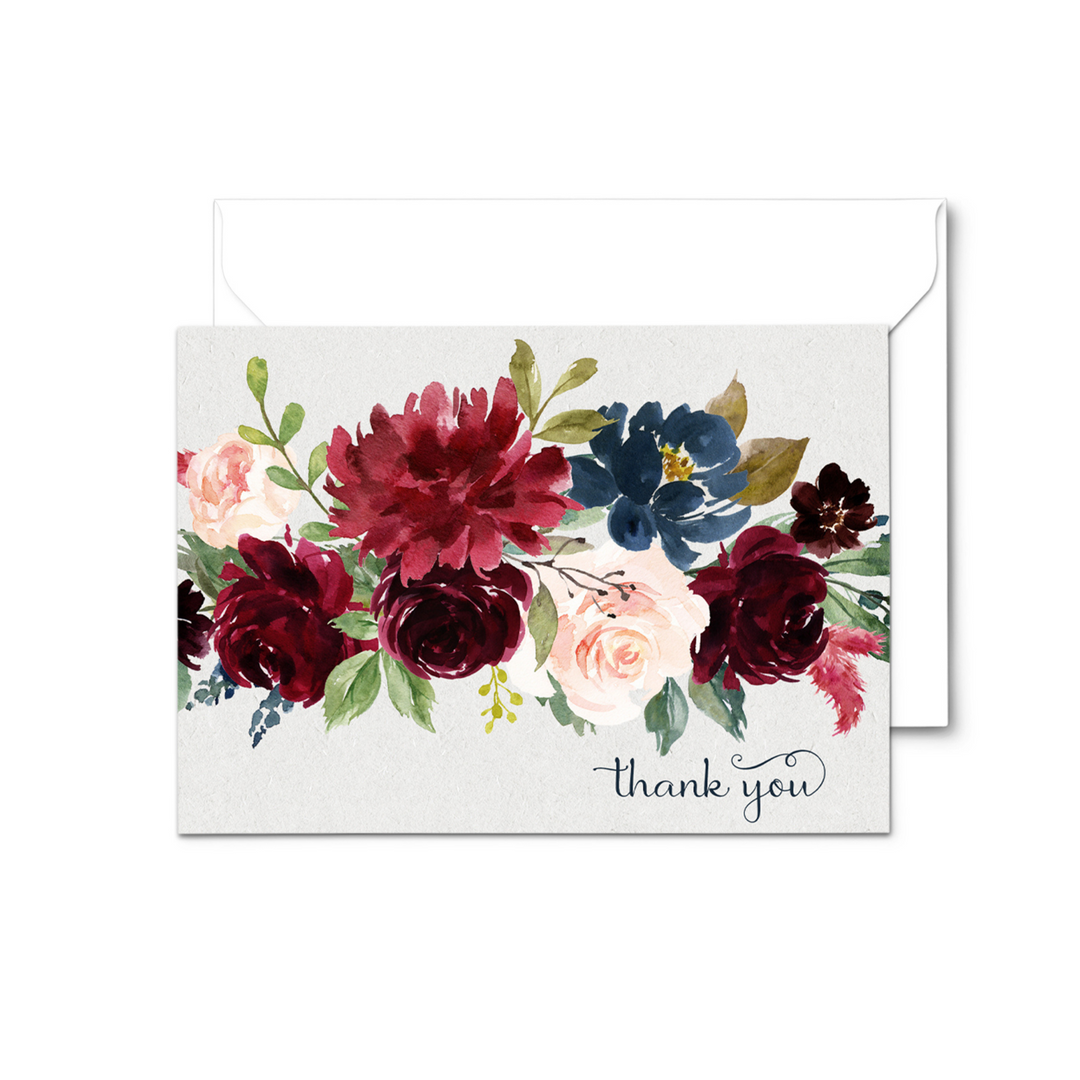 Indigo Floral Rustic Thank You Cards - 25-Pack Notecards with Envelopes for All Occasions - Paper Clever Party