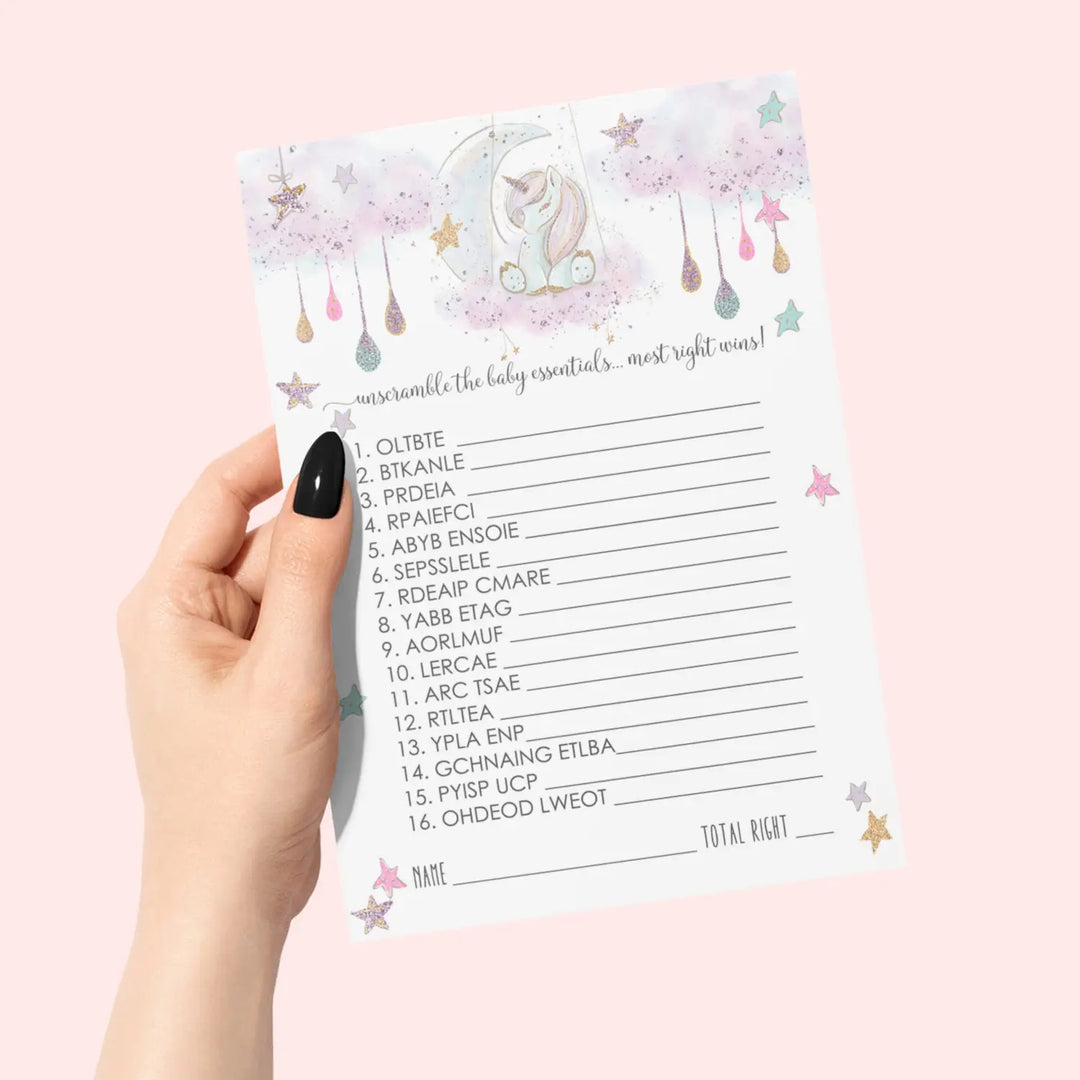 Unicorn Baby Shower Games Word Scramble - 25 Cards, Fun Unscramble Activities for Girl Baby Shower Decorations and Favors