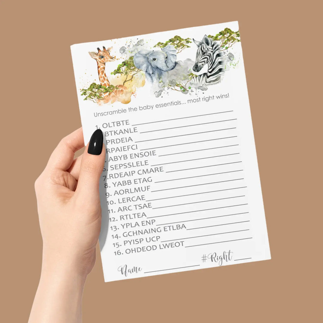 Jungle Animal Baby Shower Word Scramble - 25 Cards, Unscramble Gender Reveal Games for Guests, Safari Theme Decorations