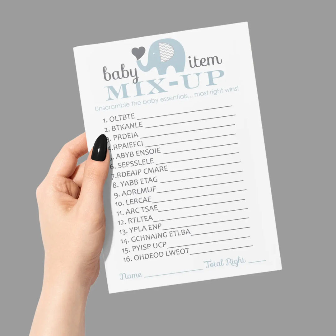 Blue Elephant Baby Shower Games Boy - Word Scramble Activities for Prizes, Jungle Theme Decorations, 25 Cards