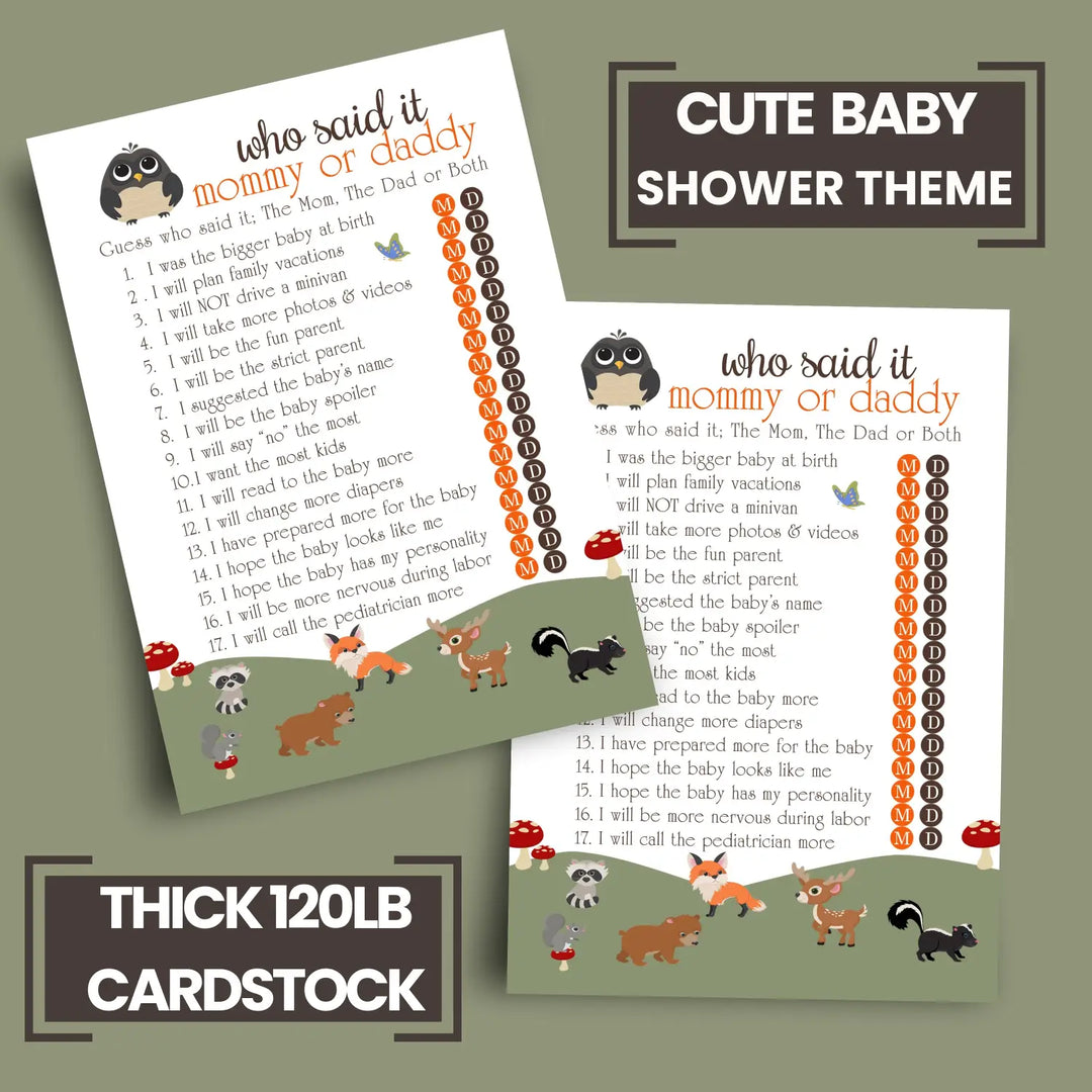 Woodland Mommy or Daddy Baby Shower Game - 25 Pack Guess Who Activity Cards, Cute Rustic Gender Reveal Themes, Printed 5x7 Set