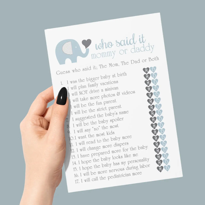 Blue Elephant Baby Shower Games Mommy or Daddy - 25 Pack Fun Guess Who Activity Cards for Royal Jungle Animals, Printed 5x7 Set