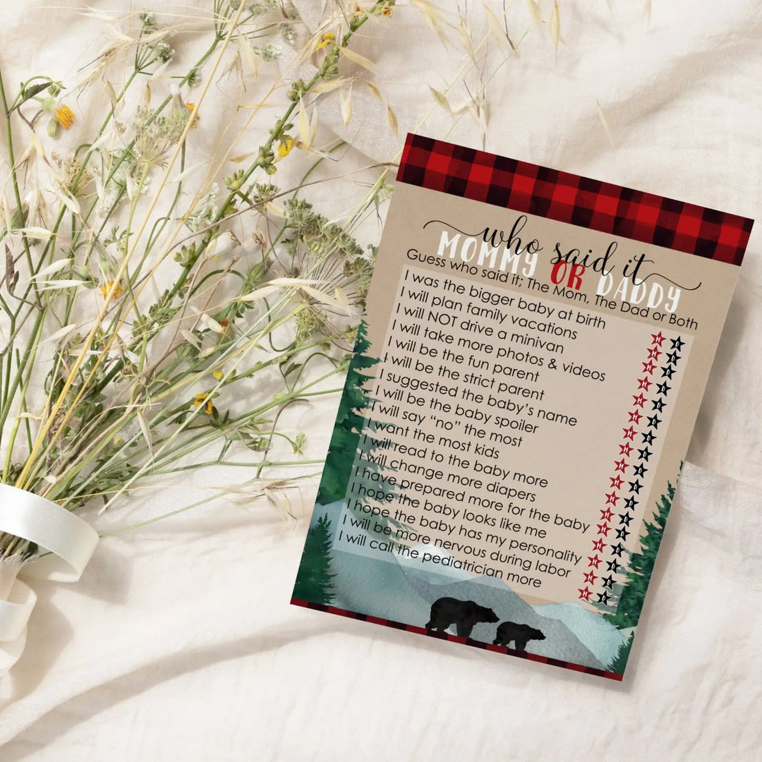 Lumberjack Mommy or Daddy Baby Shower Game - 25 Pack Guess Who Activity Cards, Plaid Red and Black Bear Themed Favors, Printed 5x7 Set