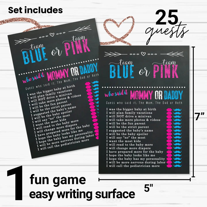 Gender Reveal Mommy or Daddy Game - 25 Pack Guess Who Activity Cards for Boys and Girls, Pink and Blue Themed, 5x7 Set