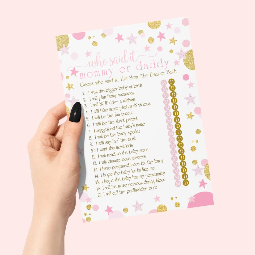 Pink and Gold Baby Shower Game Mommy or Daddy - 25 Pack Guess Who Activity Cards, Twinkle Little Star Princess Themed, Printed 5x7 Set