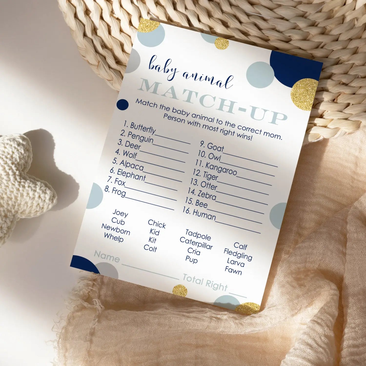 Navy and gold baby shower animal matching game card (25 pack) - party games