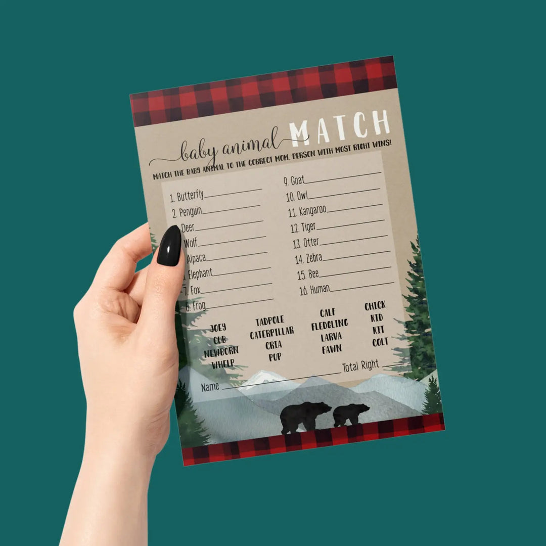 Lumberjack Baby Shower Game Animal Matching for All Occasions Fun Guessing Activities Guests Play, Rustic Bear Red and Black, 5x7, 25 Pack