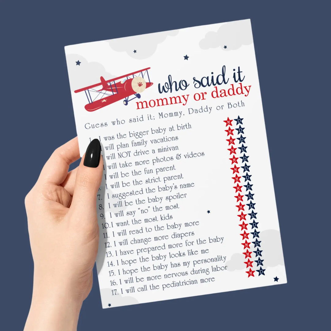 Airplane Mommy or Daddy Baby Shower Game - 25 Pack Guess Who Activity Cards, Red and Blue Gender Reveal, Printed 5x7 Set