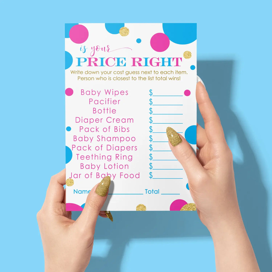 Gender Reveal Guess the Price Baby Shower Games – 25 Guests, Pink and Blue Themed Activities, Neutral Baby Shower Ideas, 4x6 Card Set