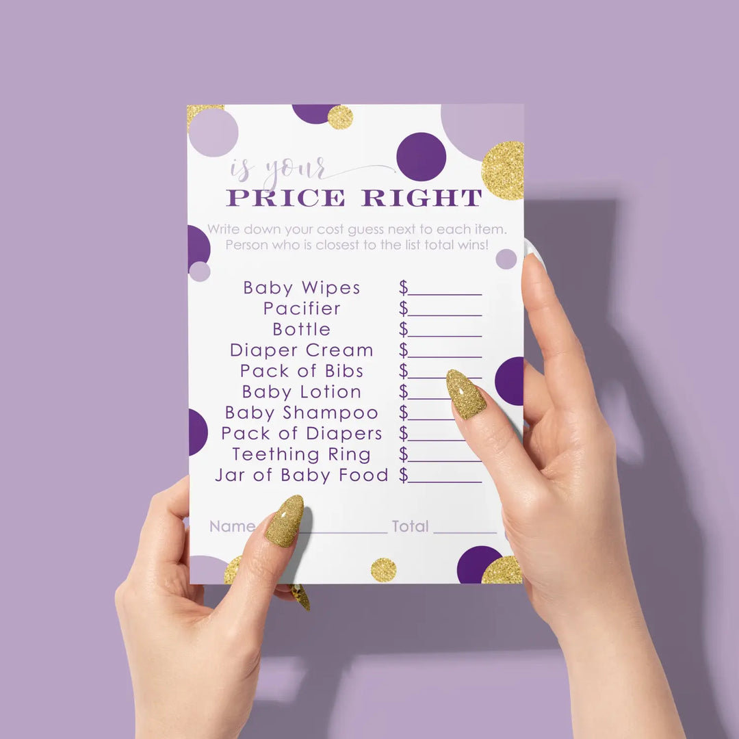 Purple and Gold Guess the Price Baby Shower Games – 25 Guests, Modern Mermaid Themed Activities for Girls, Prince or Princess 4x6 Card Set