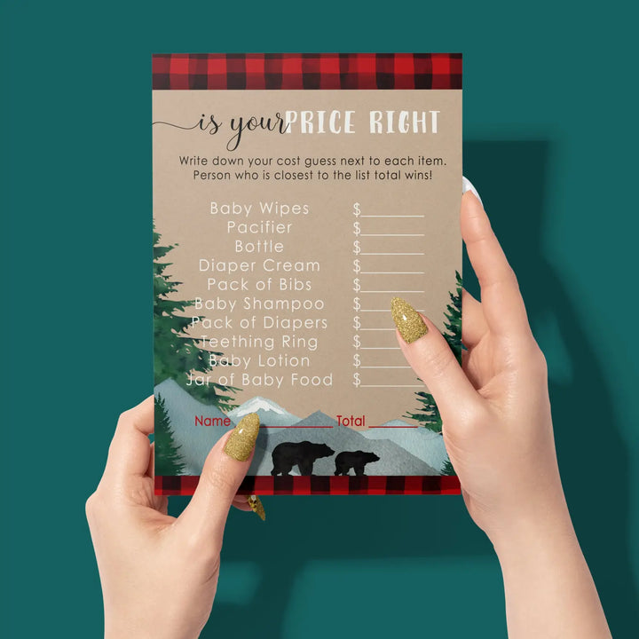 Lumberjack Guess the Price Baby Shower Games – 25 Guests, Rustic Bear Themed Activities for Boys, Red and Black Plaid 4x6 Card Set