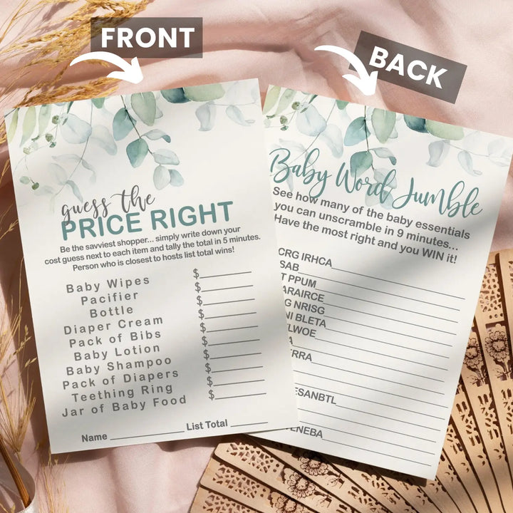 Botanical Bliss - Eucalyptus & Gold Baby Shower Game Set, 5x7 Double-Sided Cards (25 ct)