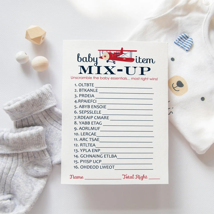 Airplane Baby Shower Games - Word Scramble for Guests, Perfect Baby Shower Favors and Decorations, 25 Cards