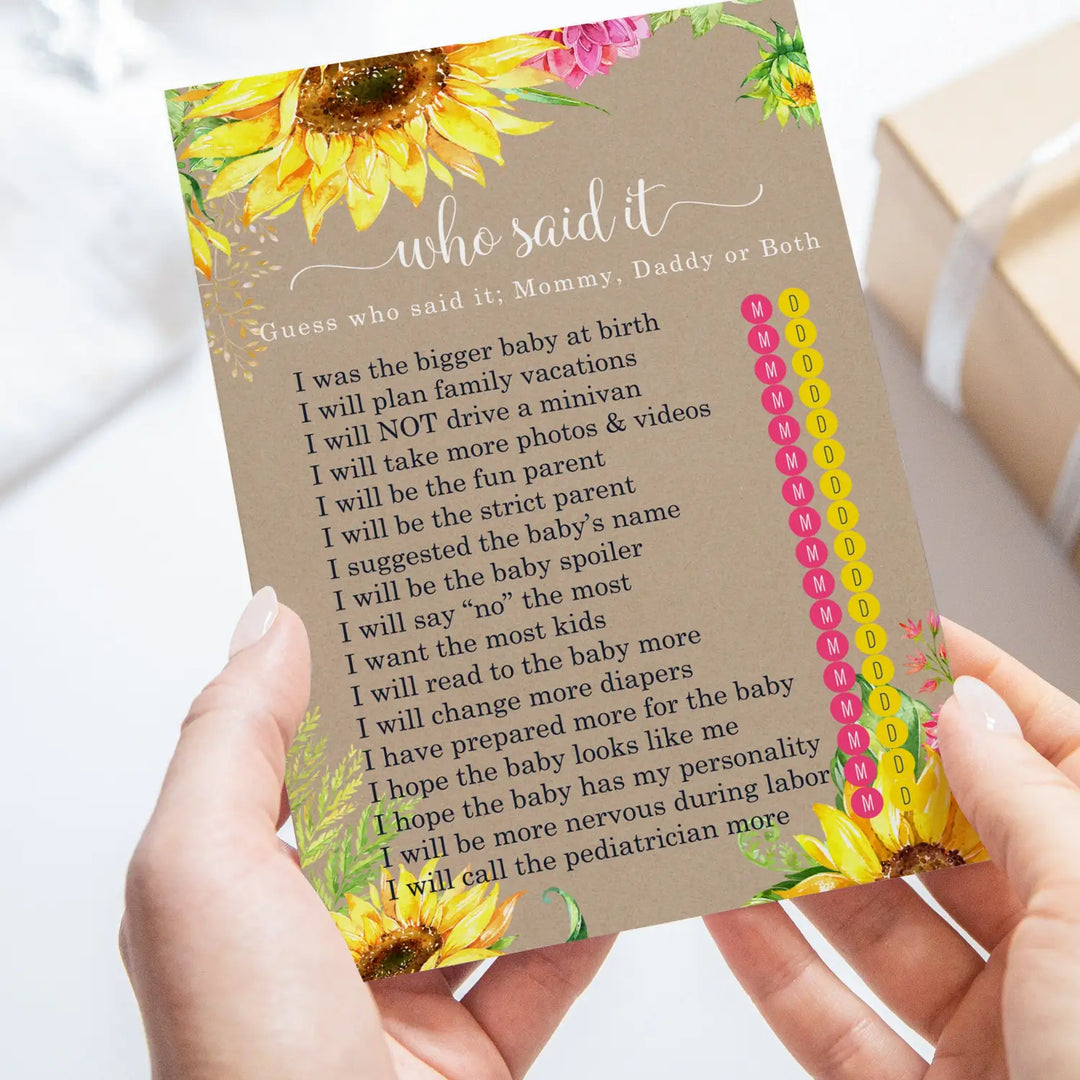 Sunflower Mommy or Daddy Baby Shower Game - 25 Pack Guess Which Parent Activity Cards, Rustic Gender Reveal Autumn Flower Themed, Printed 4x6 Set