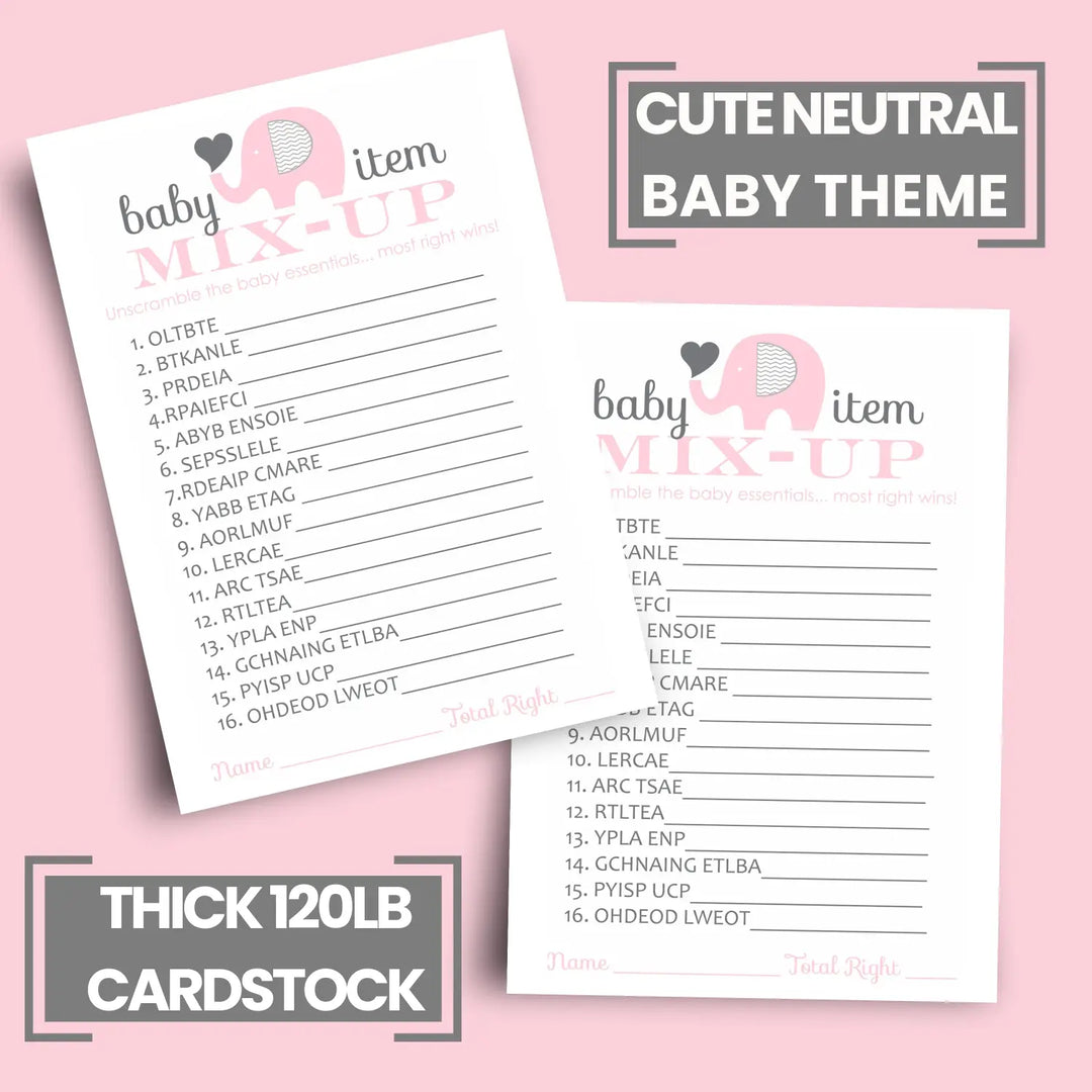 Pink Elephant Baby Shower Word Scramble Game - 25 Pack, Cute Guest Party Game Ideas, Unique Favors and Unscramble Activity